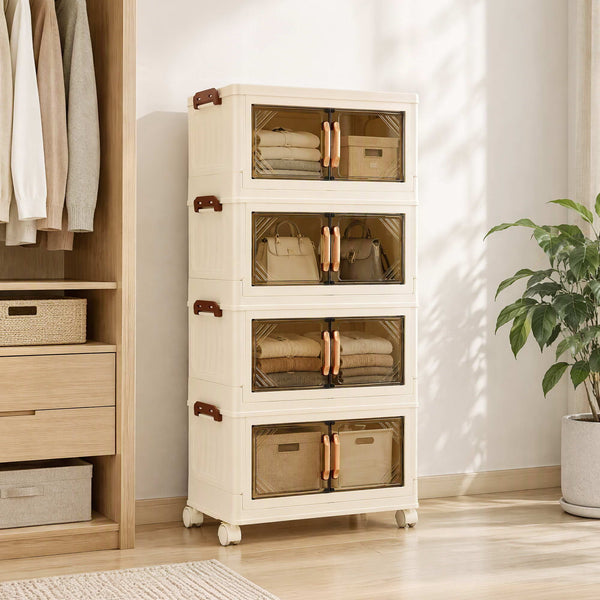 Artiss 4-Tier Foldable Storage Cabinet Stackable Box Clear Magnetic Door White Awezingly