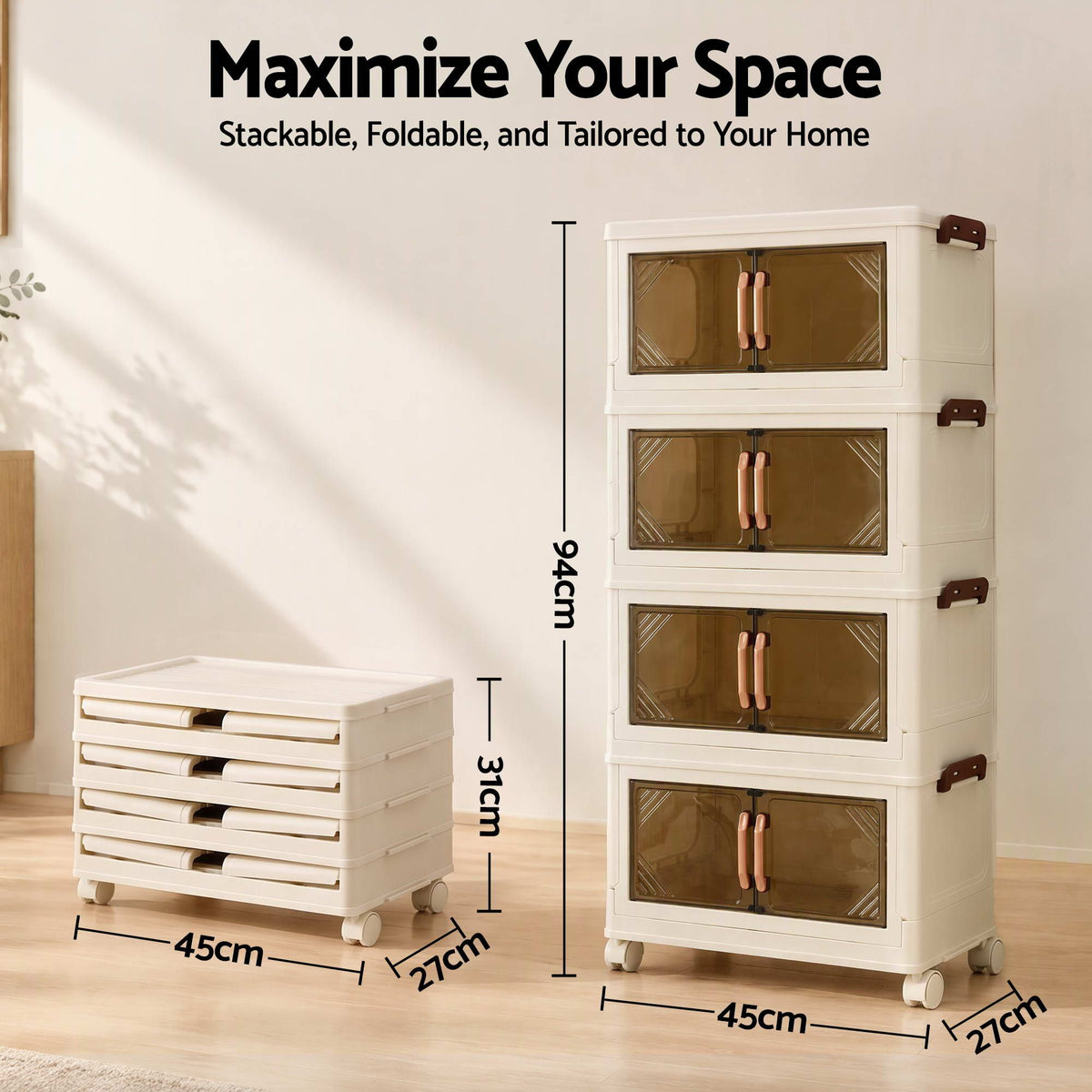 Artiss 4-Tier Foldable Storage Cabinet Stackable Box Clear Magnetic Door White Awezingly