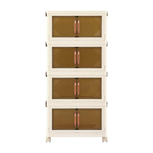 Artiss 4-Tier Foldable Storage Cabinet Stackable Box Clear Magnetic Door White Awezingly