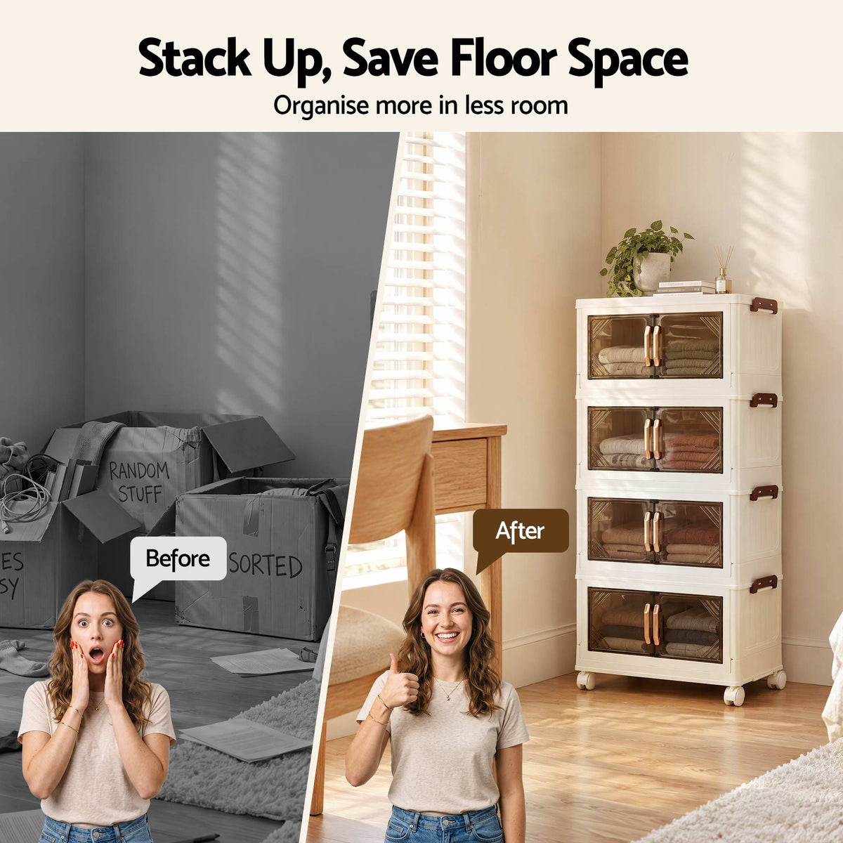 Artiss 4-Tier Foldable Storage Cabinet Stackable Box Clear Magnetic Door White Awezingly