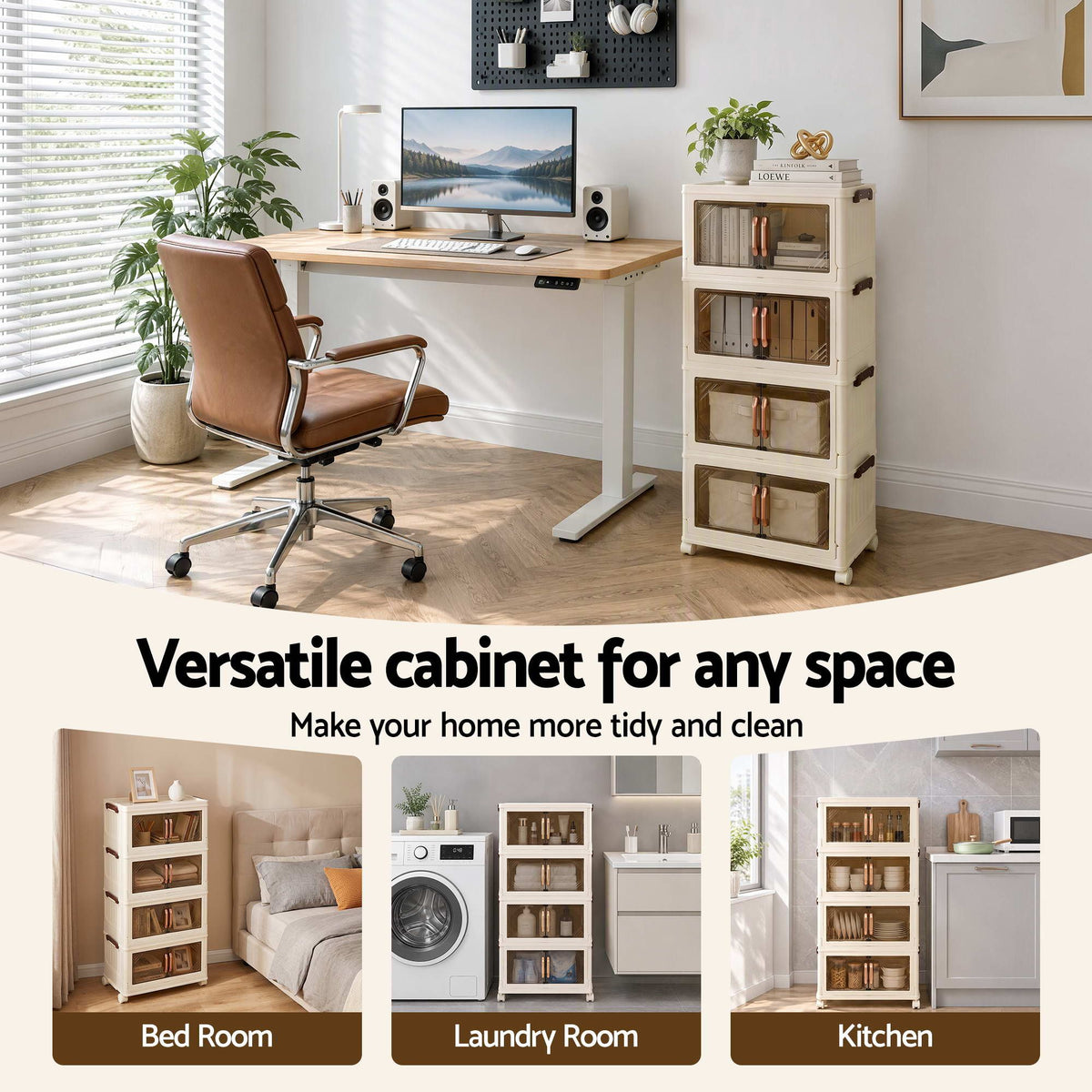 Artiss 4-Tier Foldable Storage Cabinet Stackable Box Clear Magnetic Door White Awezingly