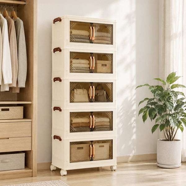 Artiss 5-Tier Foldable Storage Cabinet Stackable Box Clear Magnetic Door White Awezingly