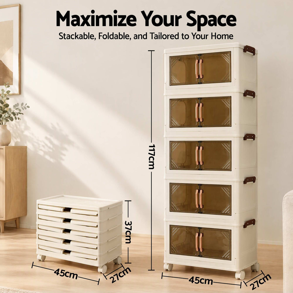 Artiss 5-Tier Foldable Storage Cabinet Stackable Box Clear Magnetic Door White Awezingly