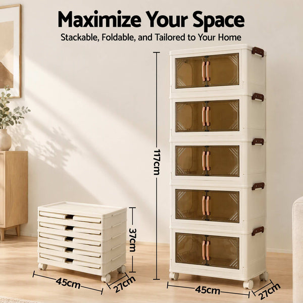 Artiss 5-Tier Foldable Storage Cabinet Stackable Box Clear Magnetic Door White Awezingly