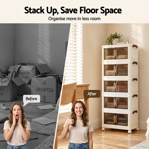 Artiss 5-Tier Foldable Storage Cabinet Stackable Box Clear Magnetic Door White Awezingly