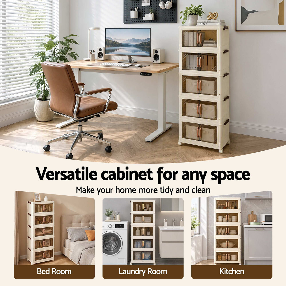 Artiss 5-Tier Foldable Storage Cabinet Stackable Box Clear Magnetic Door White Awezingly
