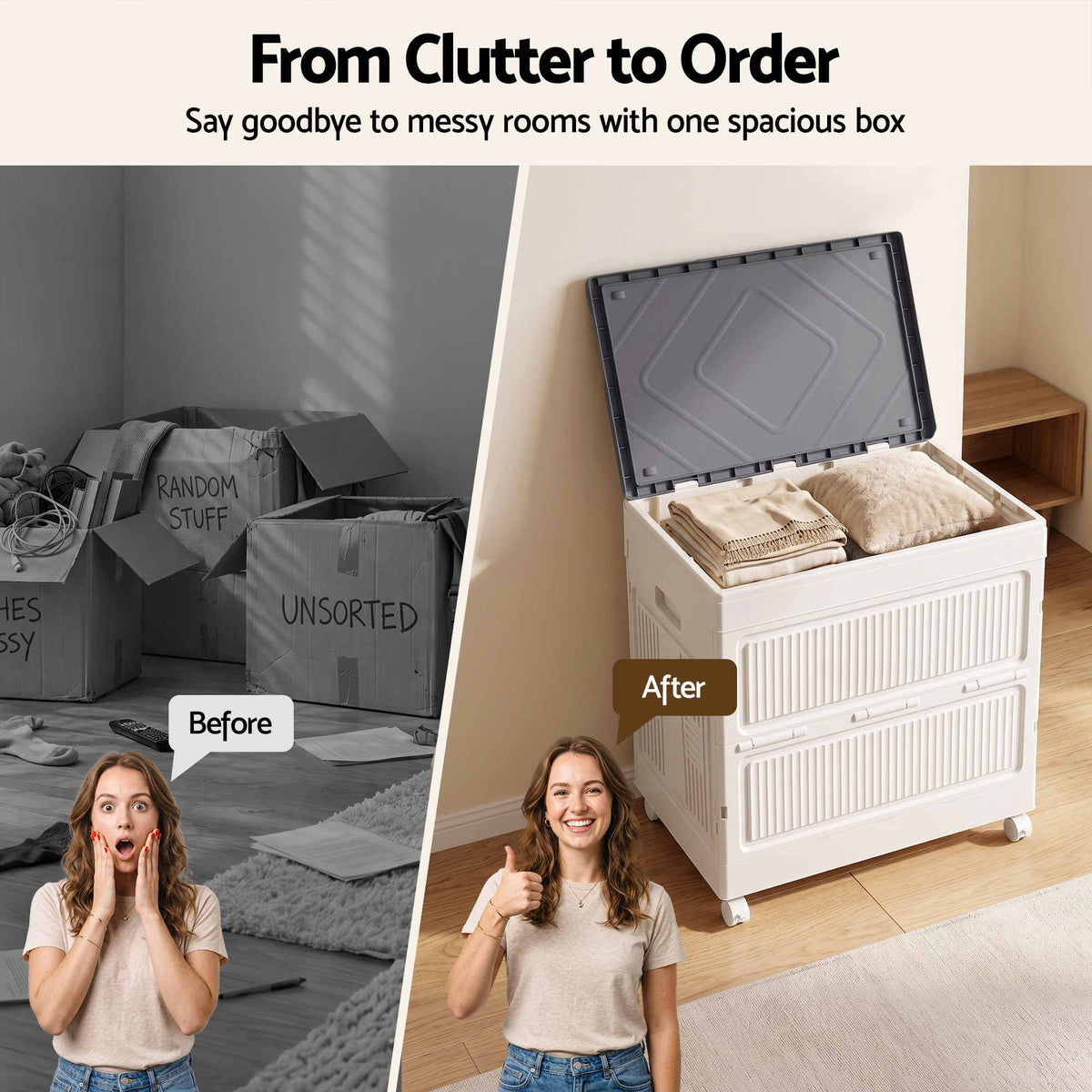 Artiss Foldable Storage Cabinet Stackable Box Flip-Top Rolling Organiser White Awezingly