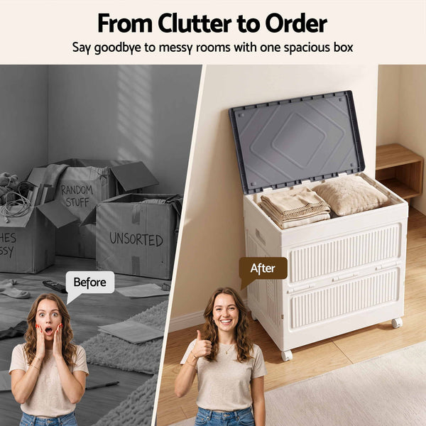 Artiss Foldable Storage Cabinet Stackable Box Flip-Top Rolling Organiser White Awezingly