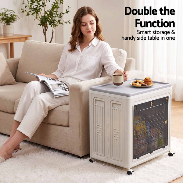 Artiss Foldable Storage Cabinet Stackable Box 2 Doors Rolling Organiser White Awezingly