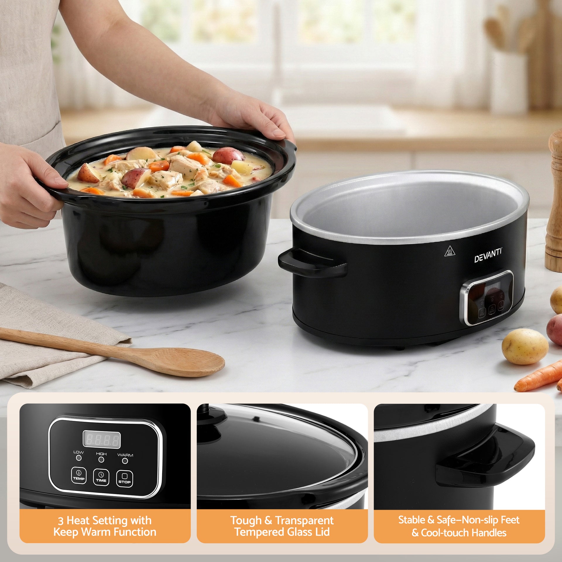 Devanti 5.6L Slow Cooker Electric Multi Cooker with 3 Heat Settings and Keep Warm Function Awezingly