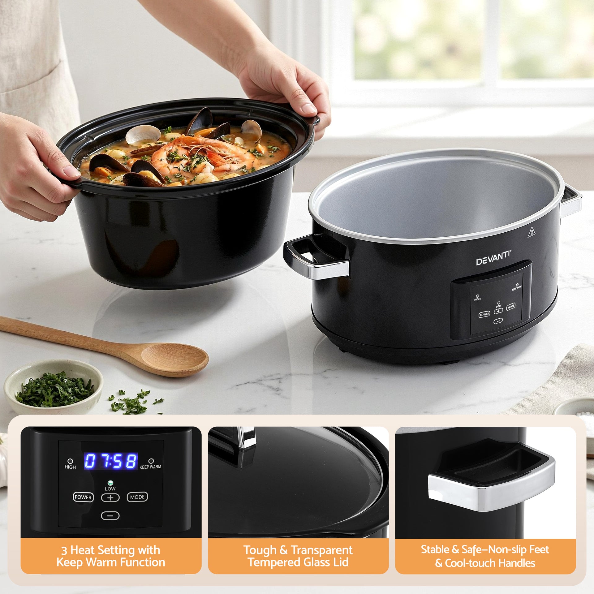 Devanti 8L Slow Cooker Electric Multi Cooker with 3 Heat Settings and Keep Warm Function Awezingly