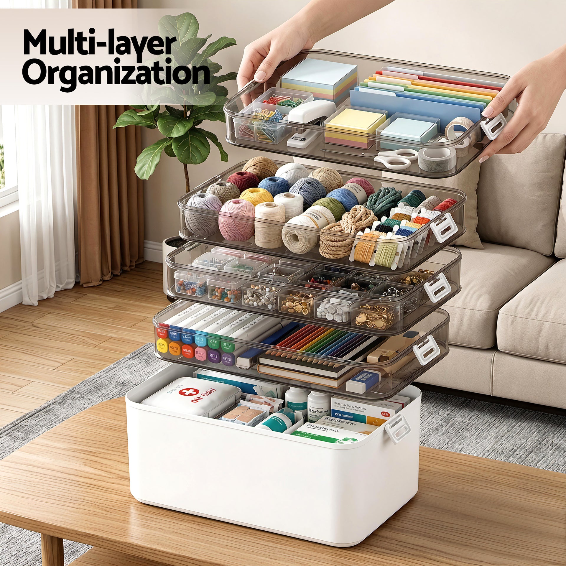 Artiss 5 Tier Portable Storage Box Detachable with Handles Plastic Clear Awezingly