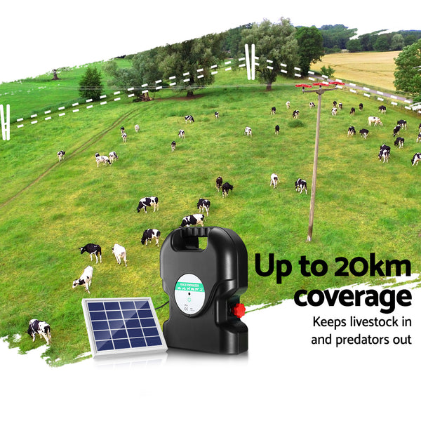 Giantz Fence Energiser 20KM Solar Powered 1.2J Electric Awezingly