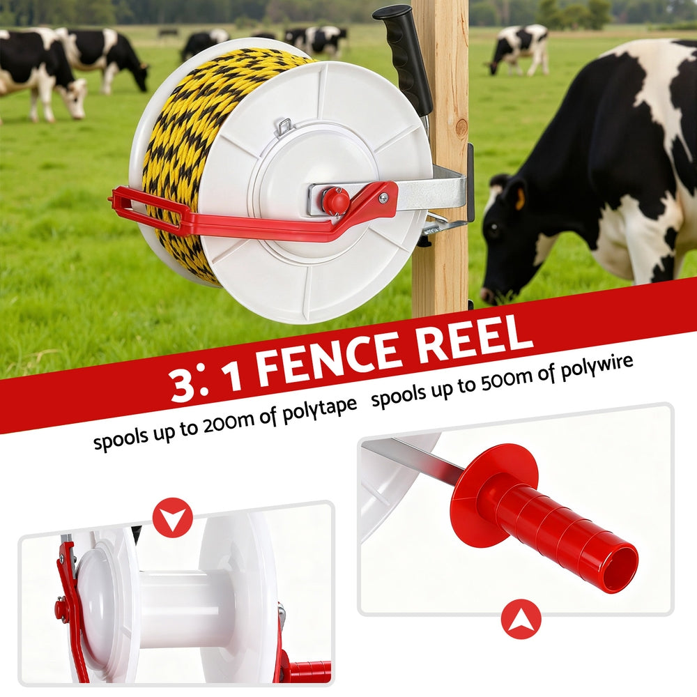 Giantz Electric Fence Reel Geared Portable Polywire Fencing Farm White Awezingly