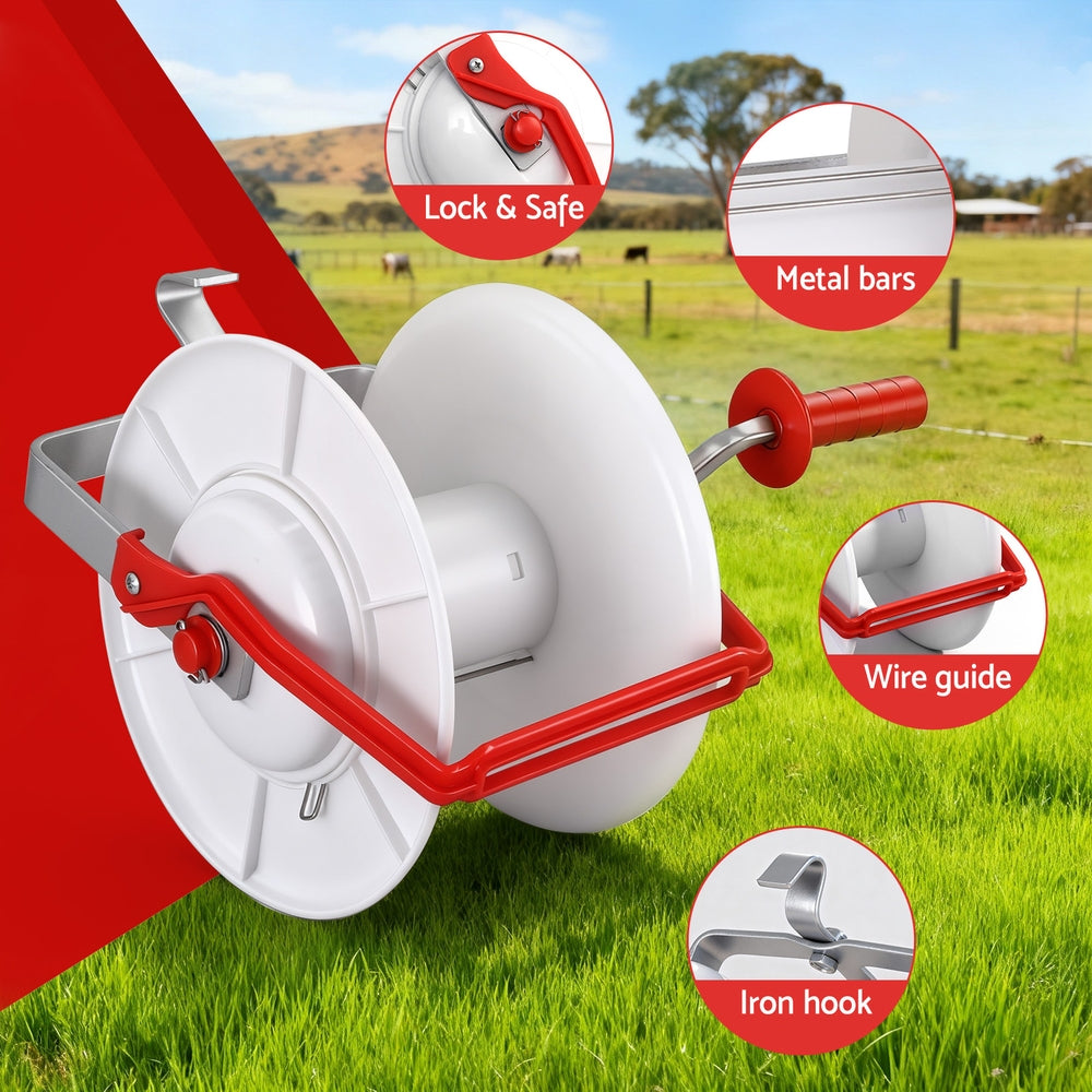Giantz Electric Fence Reel Geared Portable Polywire Fencing Farm White Awezingly