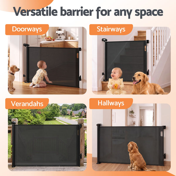 Keezi Retractable Gate Baby Gate Pet Safety Fence Extends up to 140cm Black Awezingly