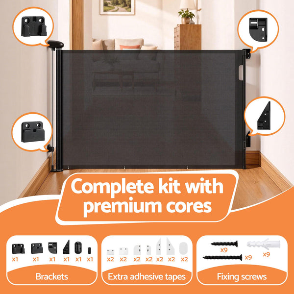 Keezi Retractable Gate Baby Gate Pet Safety Fence Extends up to 140cm Black Awezingly