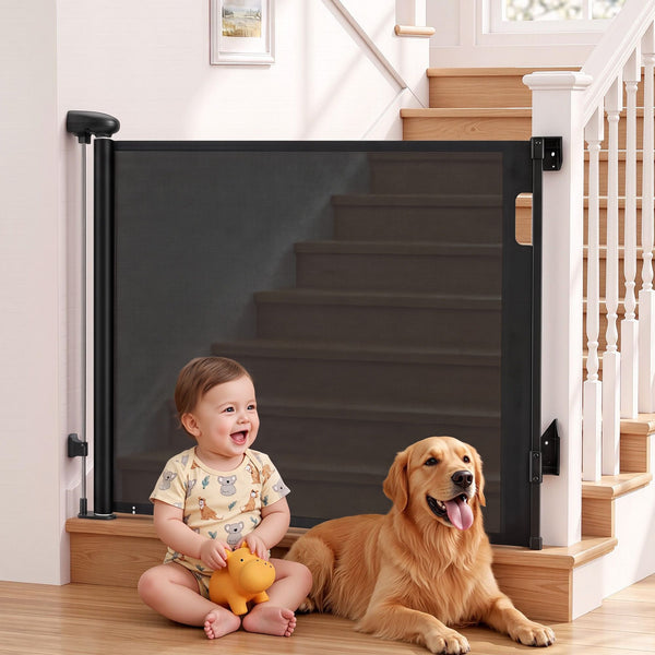 Keezi Retractable Gate Baby Gate Pet Safety Fence Extends up to 140cm Black Awezingly