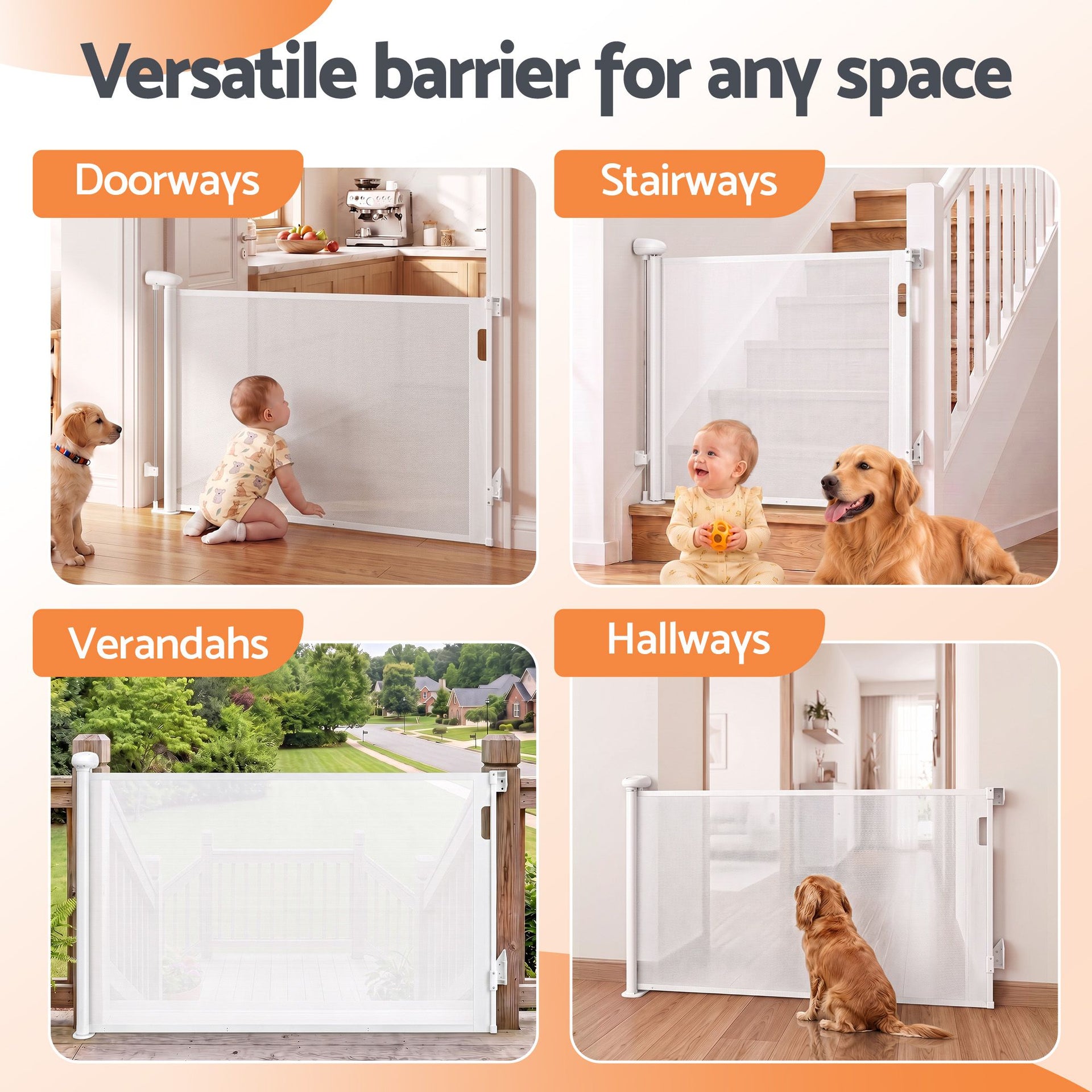 Keezi Retractable Gate Baby Gate Pet Safety Fence Extends up to 140cm White Awezingly