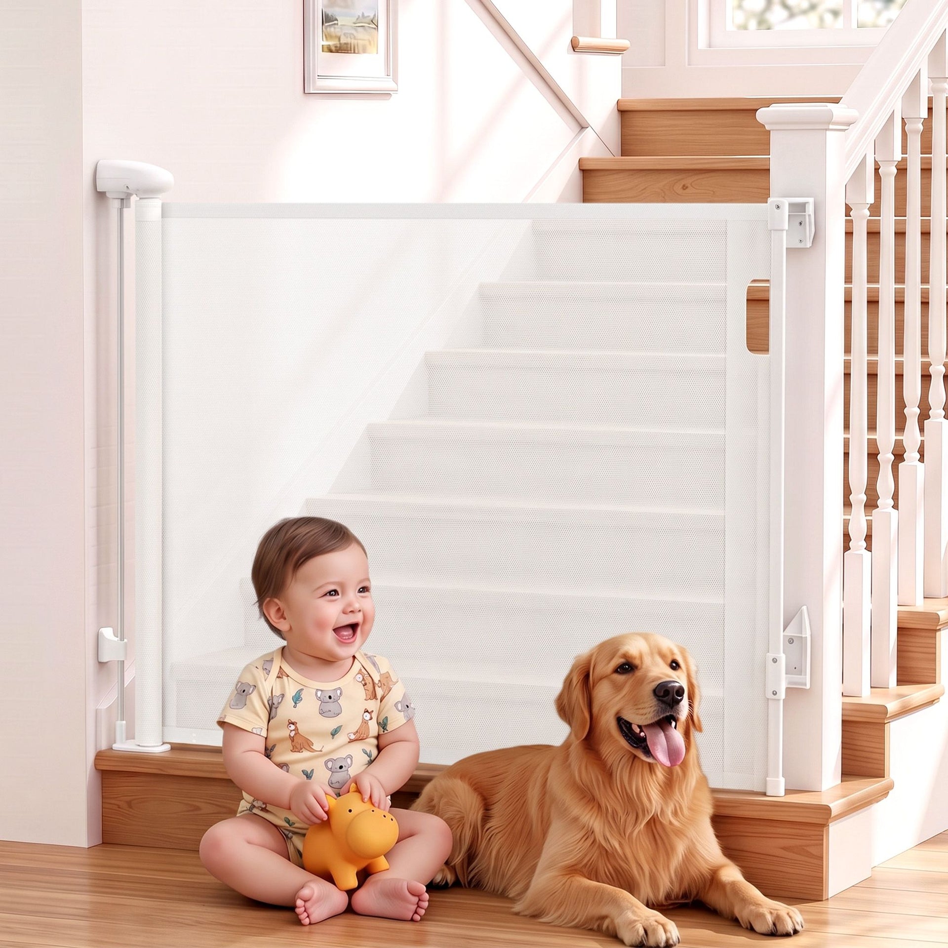 Keezi Retractable Gate Baby Gate Pet Safety Fence Extends up to 140cm White Awezingly