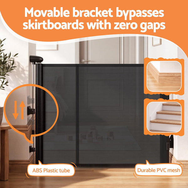 Keezi Retractable Gate Baby Gate Pet Safety Fence Extends up to 400cm Black Awezingly