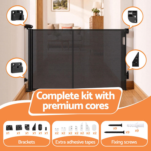 Keezi Retractable Gate Baby Gate Pet Safety Fence Extends up to 400cm Black Awezingly