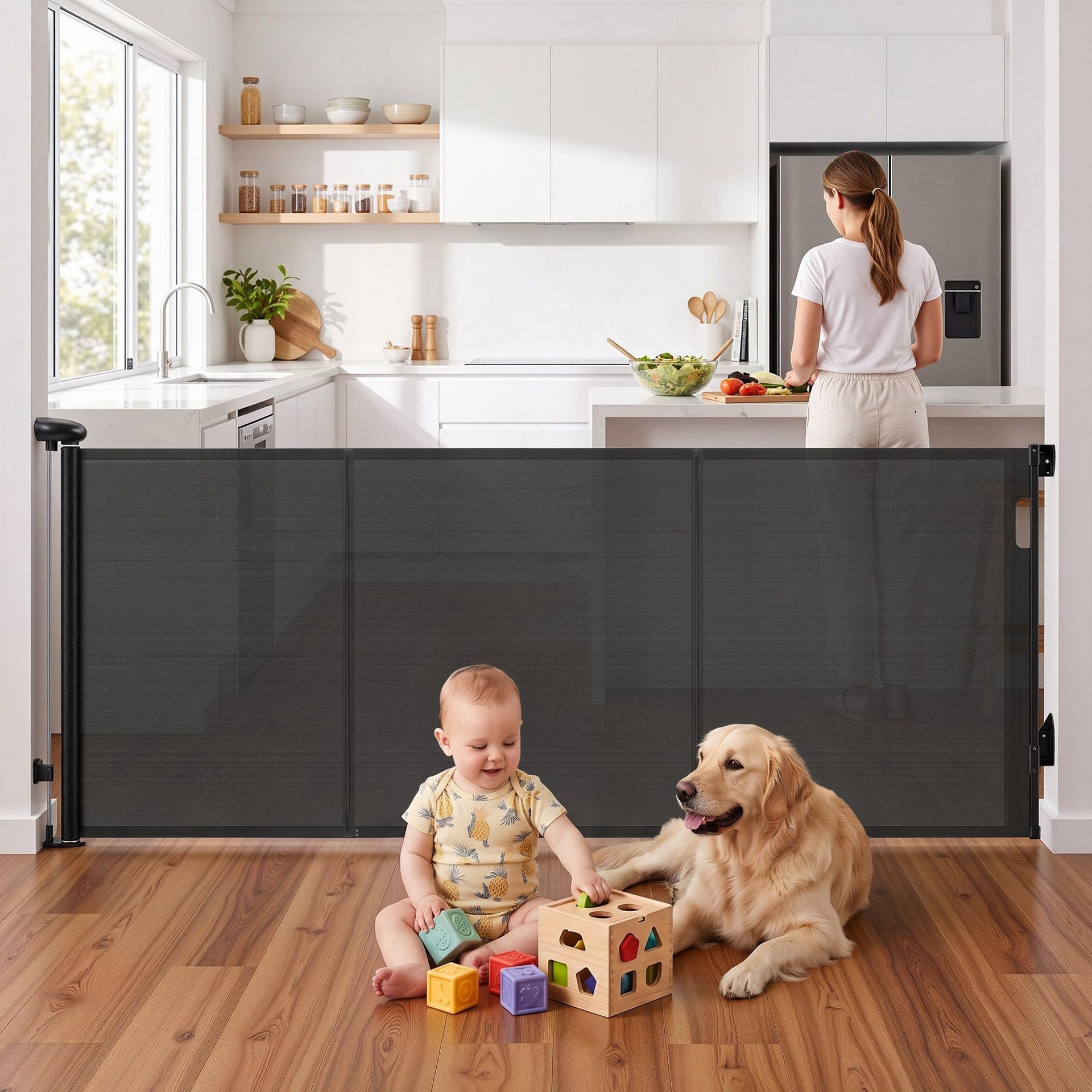 Keezi Retractable Gate Baby Gate Pet Safety Fence Extends up to 400cm Black Awezingly