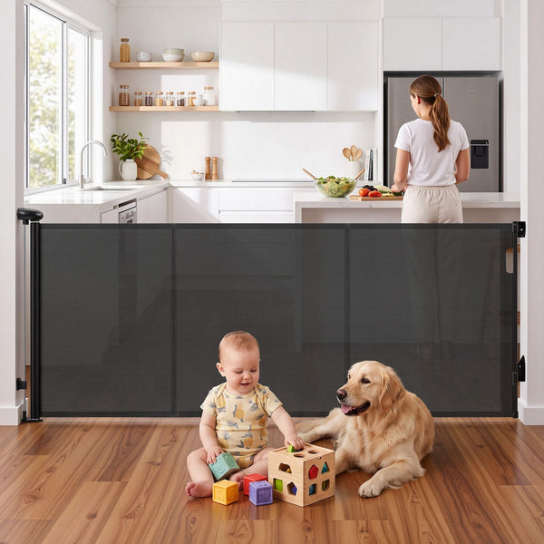 Keezi Retractable Gate Baby Gate Pet Safety Fence Extends up to 400cm Black Awezingly