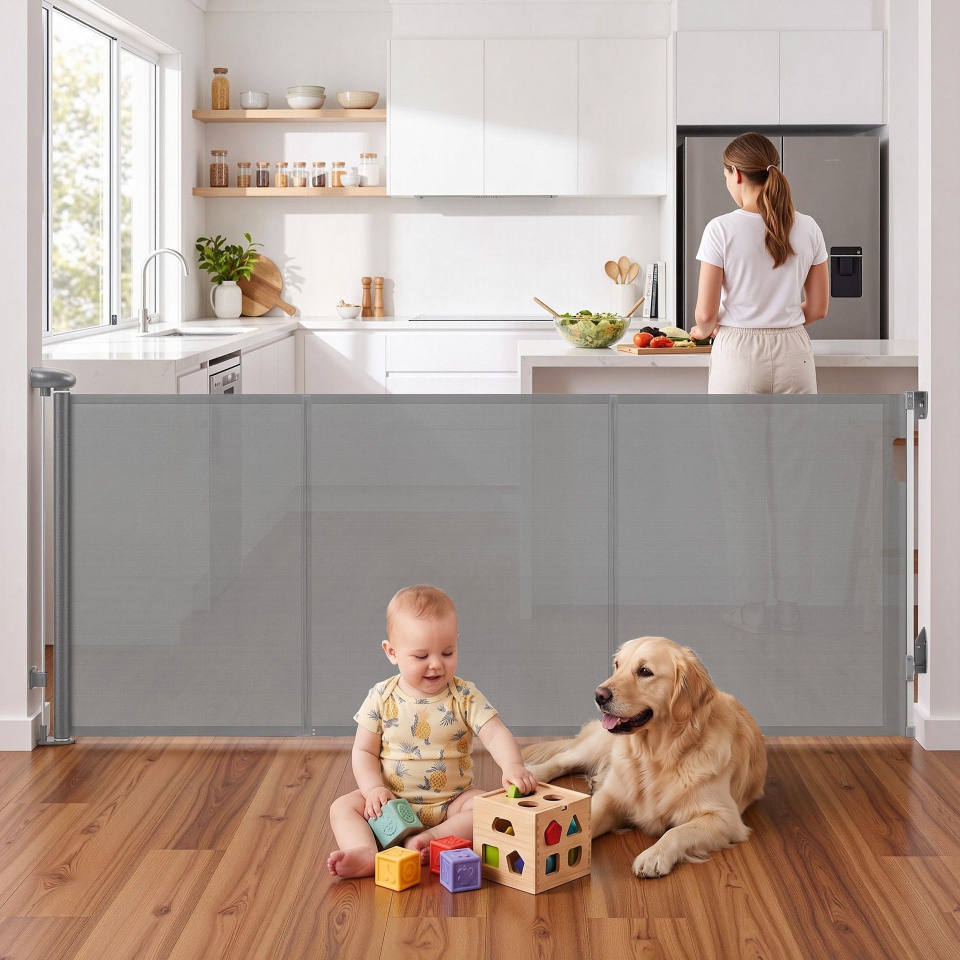 Keezi Retractable Gate Baby Gate Pet Safety Fence Extends up to 400cm Grey Awezingly