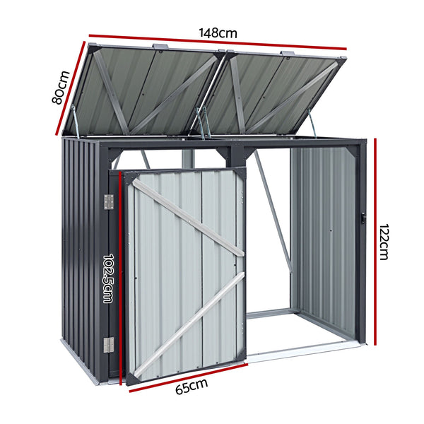 Giantz Bin Shed Double Wheelie Waste Bins Storage Steel Garden Enclosure Grey Giantz