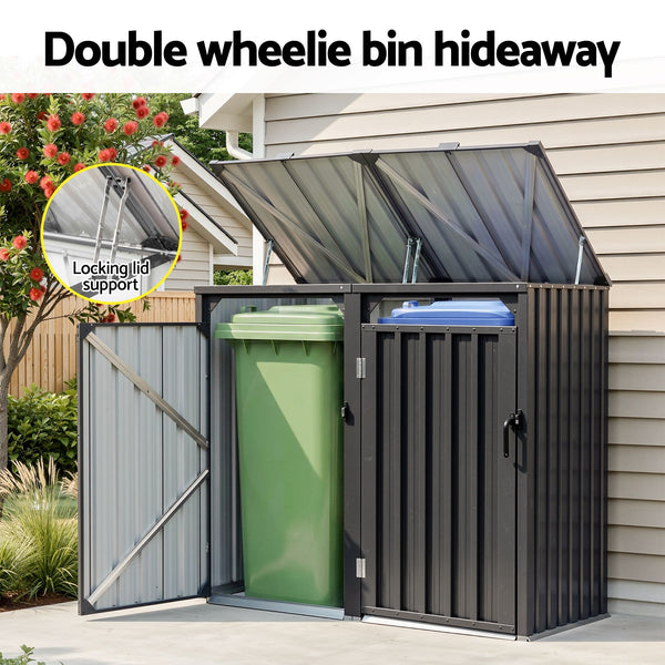 Giantz Bin Shed Double Wheelie Waste Bins Storage Steel Garden Enclosure Grey Giantz
