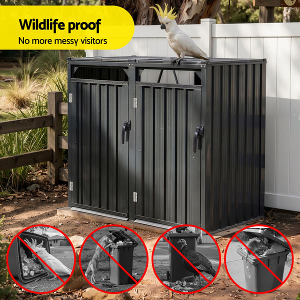Giantz Bin Shed Double Wheelie Waste Bins Storage Steel Garden Enclosure Grey Giantz