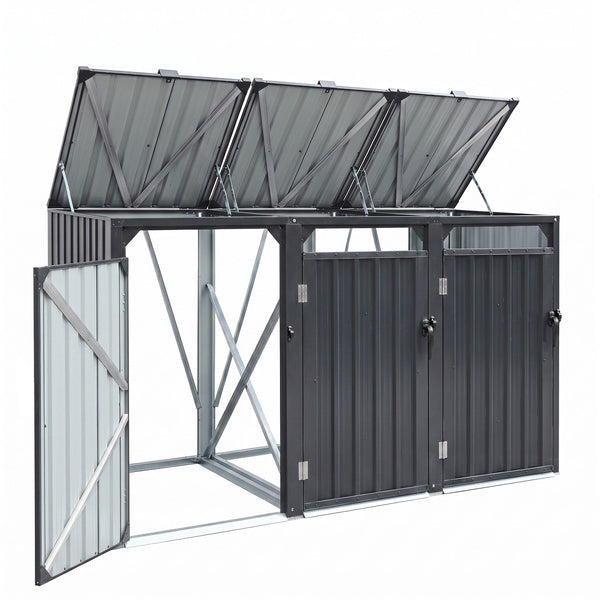 Giantz Bin Shed Triple Wheelie Waste Bins Storage Steel Garden Enclosure Grey Giantz