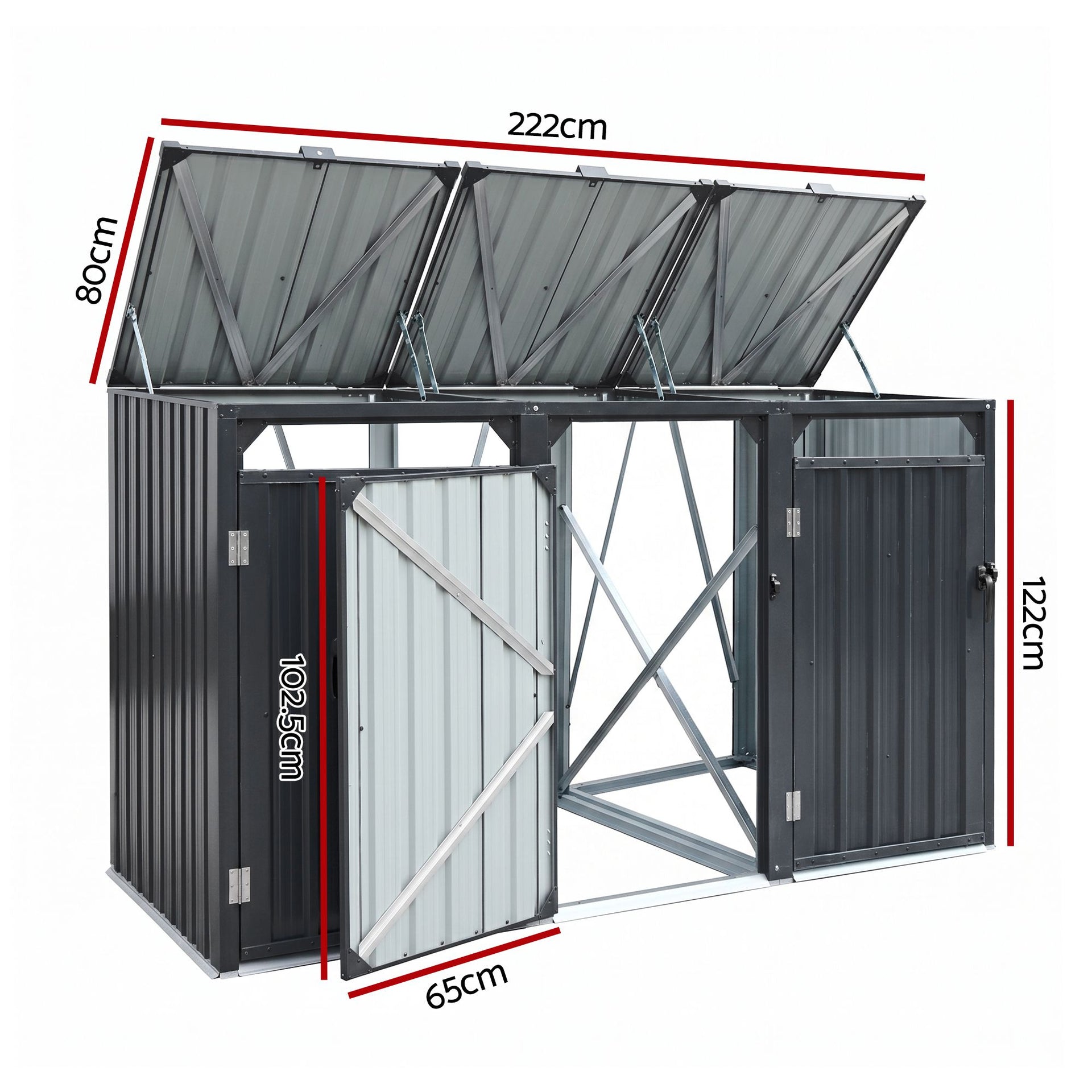 Giantz Bin Shed Triple Wheelie Waste Bins Storage Steel Garden Enclosure Grey Giantz