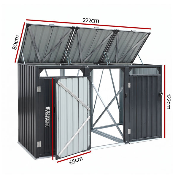 Giantz Bin Shed Triple Wheelie Waste Bins Storage Steel Garden Enclosure Grey Giantz