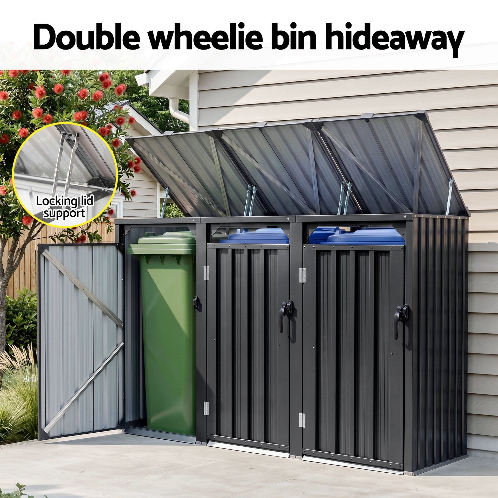 Giantz Bin Shed Triple Wheelie Waste Bins Storage Steel Garden Enclosure Grey Giantz