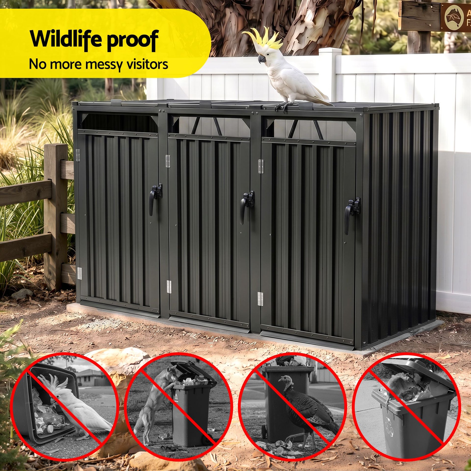 Giantz Bin Shed Triple Wheelie Waste Bins Storage Steel Garden Enclosure Grey Giantz