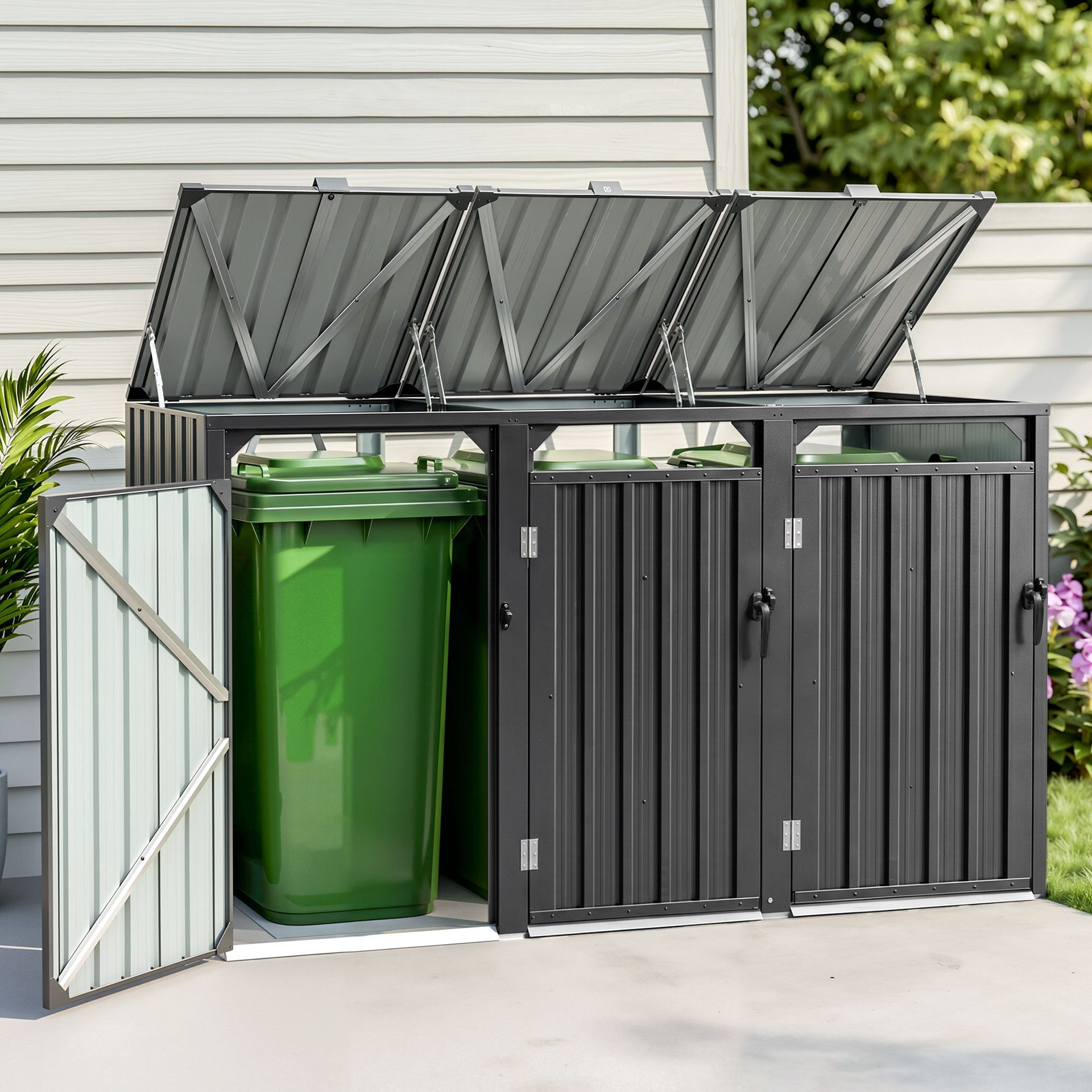 Giantz Bin Shed Triple Wheelie Waste Bins Storage Steel Garden Enclosure Grey Giantz