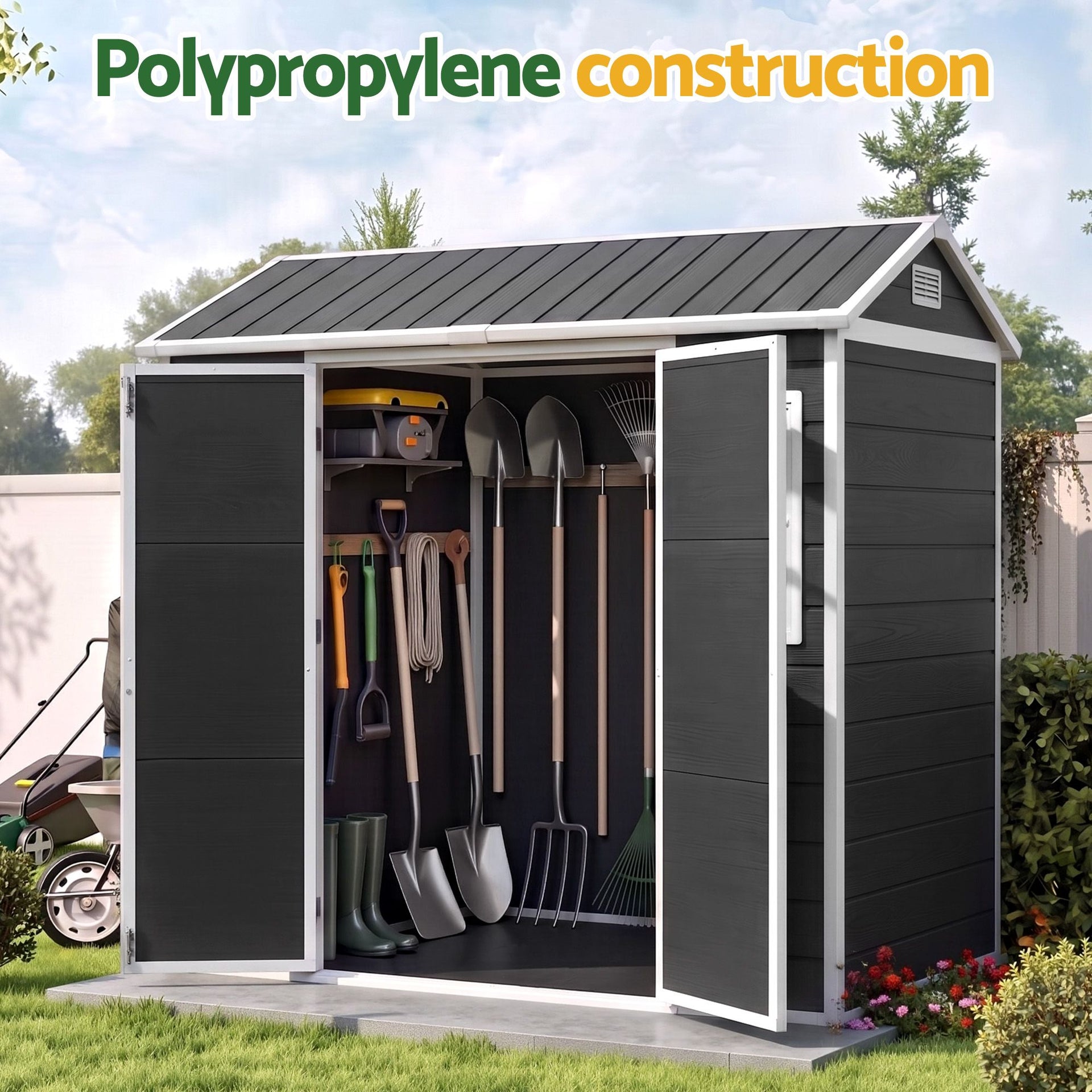 Giantz Garden Shed Resin Outdoor Storage Box 2.44x1.31M Tool Shed Backyard Black Awezingly