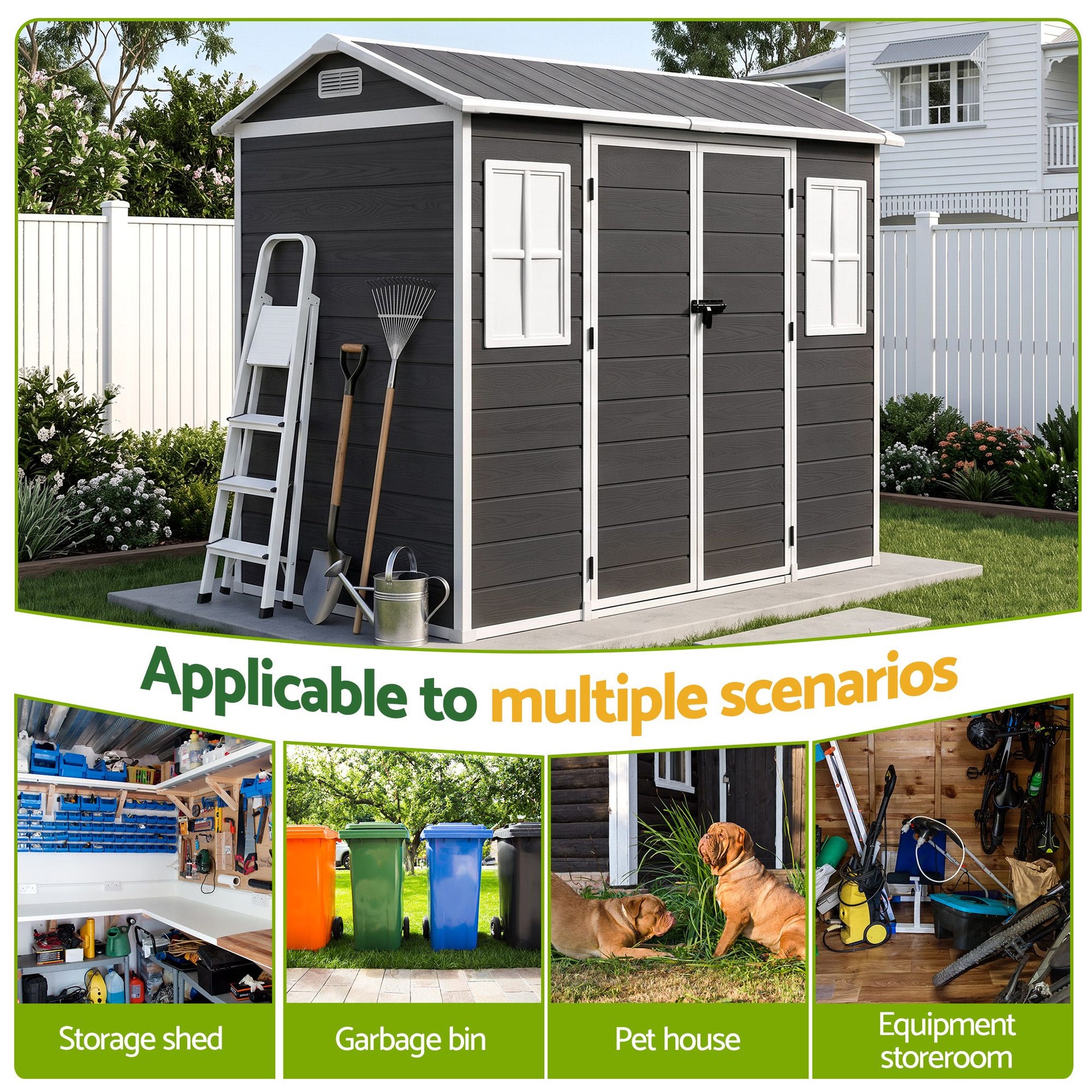 Giantz Garden Shed Resin Outdoor Storage Box 2.44x1.31M Tool Shed Backyard Black Awezingly