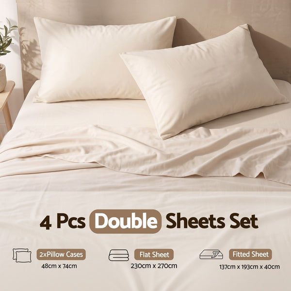 Giselle Double Sheet Set 150 GSM Anti-pilling Micro Flannel, Fast Drying Lightweight 4 Piece, 40CM Deep Pocket Fits Thick Mattress, Cream White Awezingly