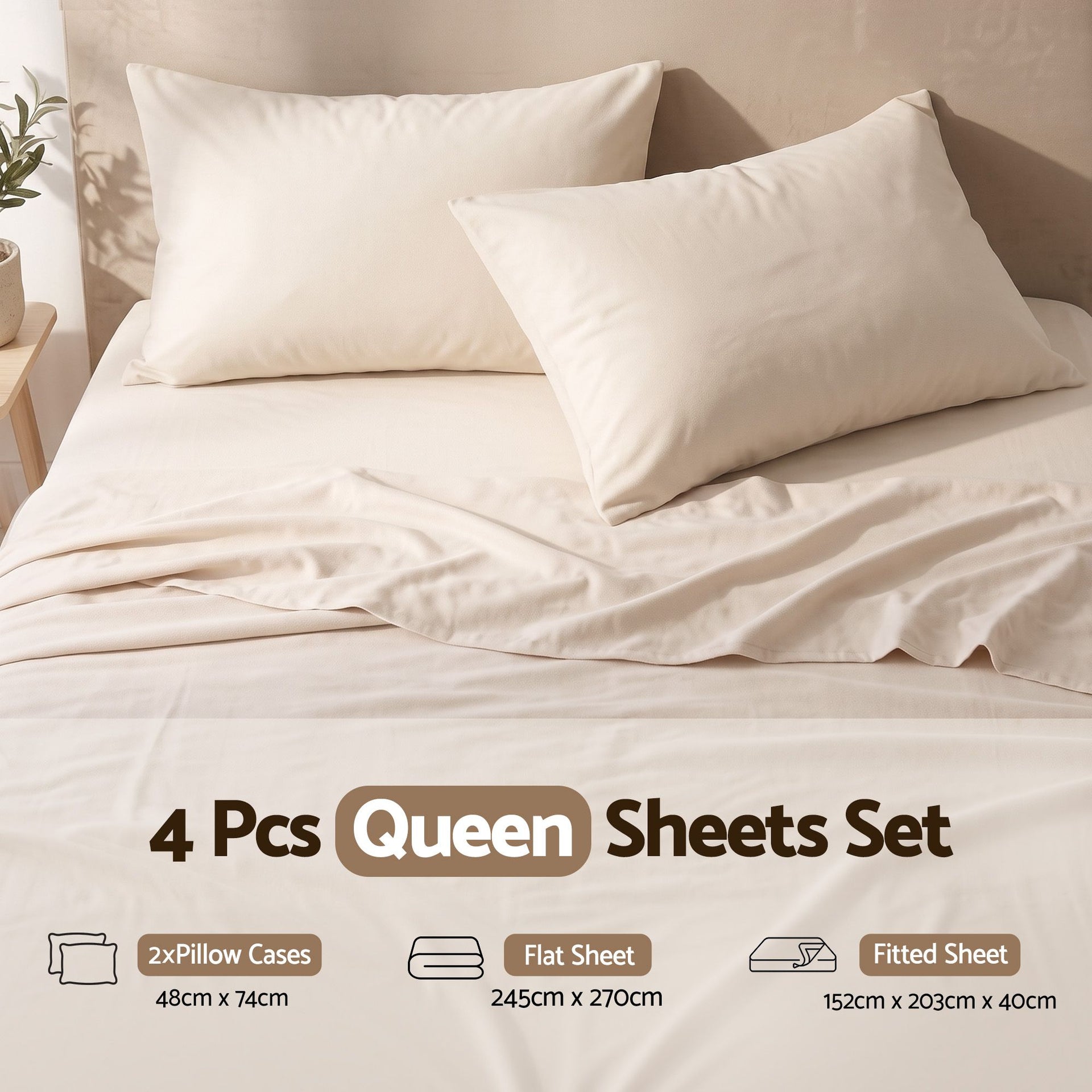 Giselle Queen Sheet Set 150 GSM Anti-pilling Micro Flannel, Fast Drying Lightweight 4 Piece, 40CM Deep Pocket Fits Thick Mattress, Cream White Awezingly
