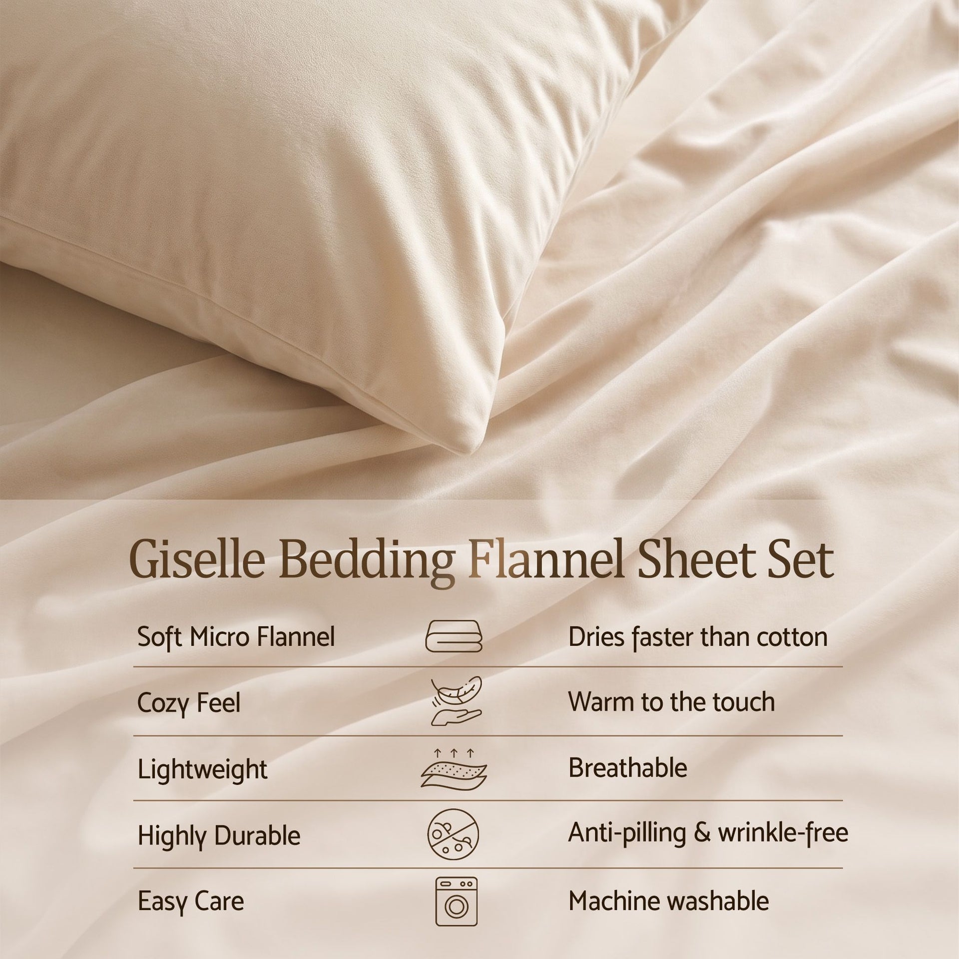 Giselle Queen Sheet Set 150 GSM Anti-pilling Micro Flannel, Fast Drying Lightweight 4 Piece, 40CM Deep Pocket Fits Thick Mattress, Cream White Awezingly