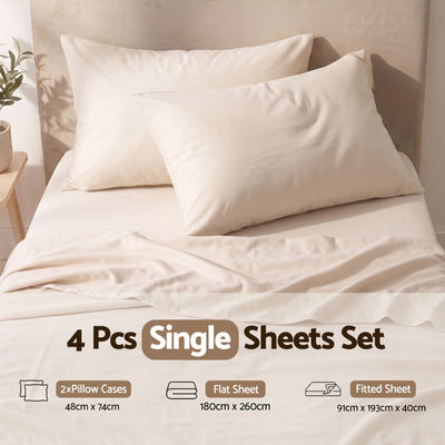 Giselle Single Sheet Set 150 GSM Anti-pilling Micro Flannel, Fast Drying Lightweight 4 Piece, 40CM Deep Pocket Fits Thick Mattress, Cream White