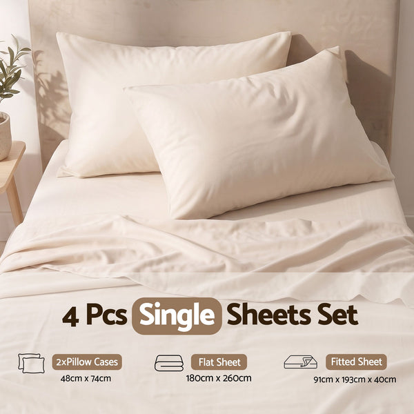 Giselle Single Sheet Set 150 GSM Anti-pilling Micro Flannel, Fast Drying Lightweight 4 Piece, 40CM Deep Pocket Fits Thick Mattress, Cream White Awezingly