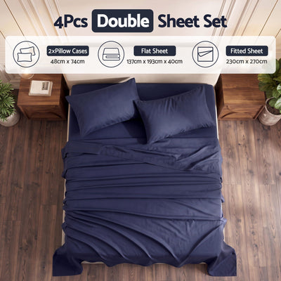 Giselle Double 500TC Cotton 4Pcs Sheet Set with 40cm Extra Deep Pocket for Thick Mattresses Sateen Weave for Sweaty Nights Navy Blue