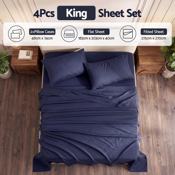 Giselle King 500TC Cotton 4Pcs Sheet Set with 40cm Extra Deep Pocket for Thick Mattresses Sateen Weave for Sweaty Nights Navy Blue Awezingly