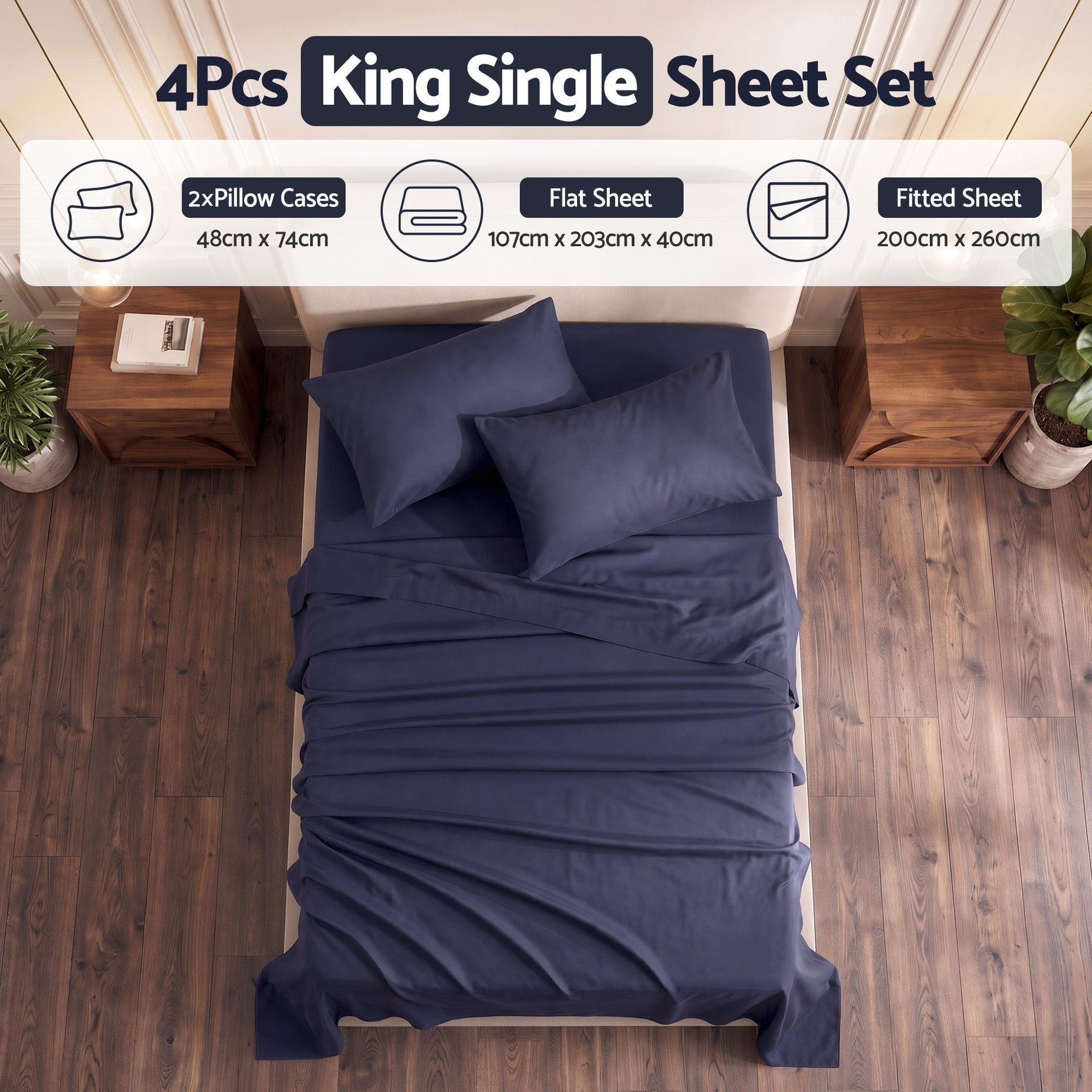 Giselle Kingsingle 500TC Cotton 4Pcs Sheet Set with 40cm Extra Deep Pocket for Thick Mattresses Sateen Weave for Sweaty Nights Navy Blue Awezingly