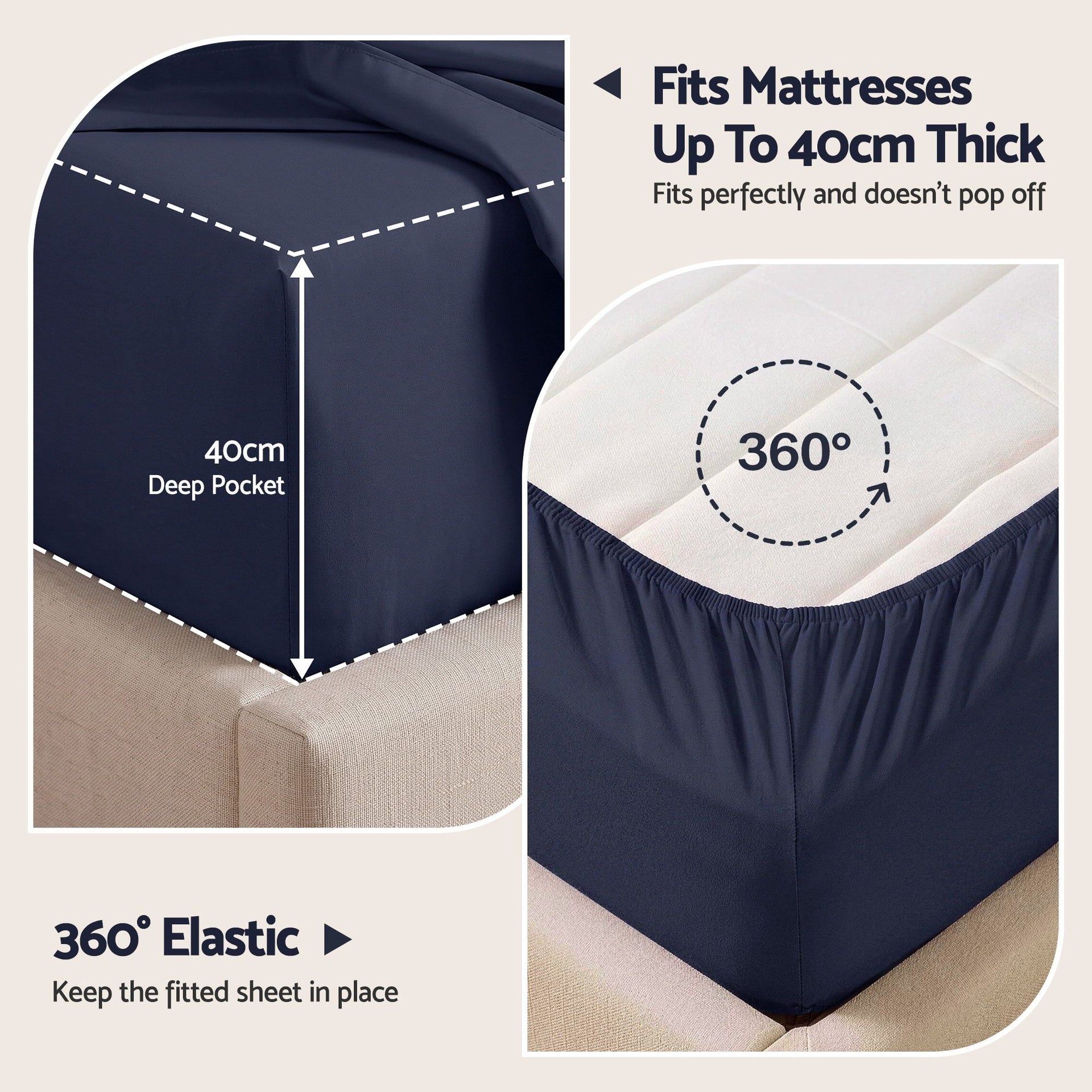 Giselle Kingsingle 500TC Cotton 4Pcs Sheet Set with 40cm Extra Deep Pocket for Thick Mattresses Sateen Weave for Sweaty Nights Navy Blue Awezingly