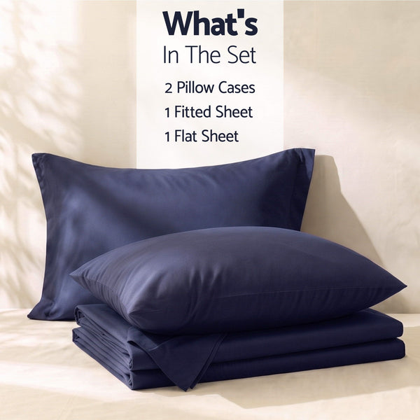Giselle Kingsingle 500TC Cotton 4Pcs Sheet Set with 40cm Extra Deep Pocket for Thick Mattresses Sateen Weave for Sweaty Nights Navy Blue Awezingly
